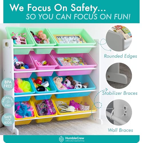 Humble Crew Pastel Wooden Toy Storage Organiser for Children, with 12 BPA Free Plastic Removeable Storage Bins, Ideal for Storing Toys, Games, Books
