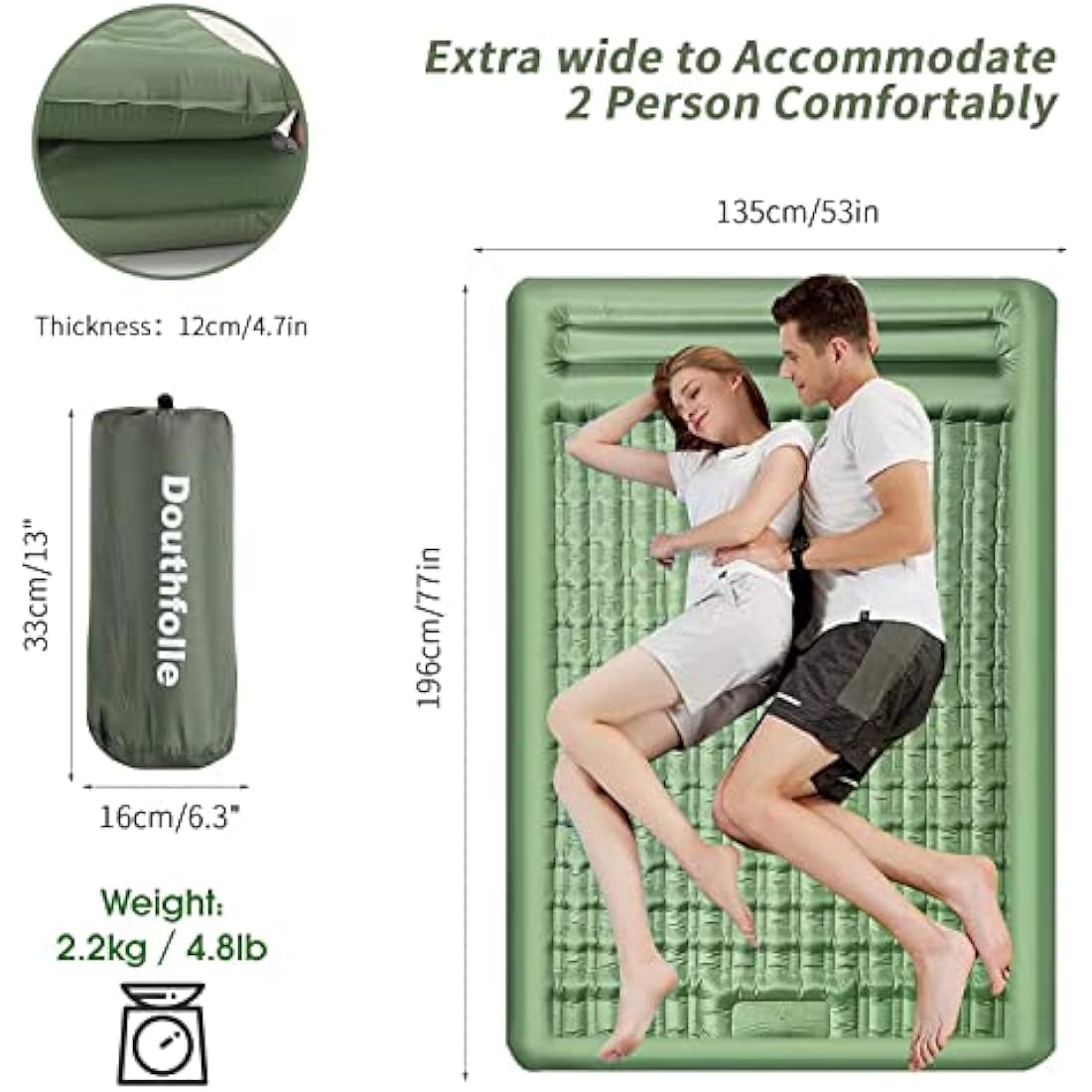 Douthfolle Sleeping Pad for Camping, Extra Thick 5 Inch Camping Mat Sleeping Mat Camping Sleeping Pads with Built-in Foot Pump for Camping,Hiking,Tent,Traveling