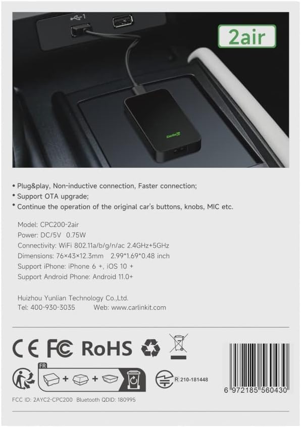 2024 CarlinKit 5.0 2air Wireless Adapter for Apple CarPlay and Android Auto,For cars wired apple CarPlay or wired Android Auto Function,(Model year:2017 to 2024) plug and play