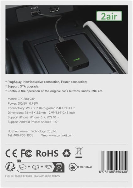 2024 CarlinKit 5.0 2air Wireless Adapter for Apple CarPlay and Android Auto,For cars wired apple CarPlay or wired Android Auto Function,(Model year:2017 to 2024) plug and play