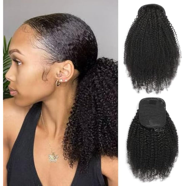 Afro Puff Drawstring Human Hair 4C Afro Kinky Curly Ponytail for Black Women - Natural Black Ponytail Extension - 16 Inch
