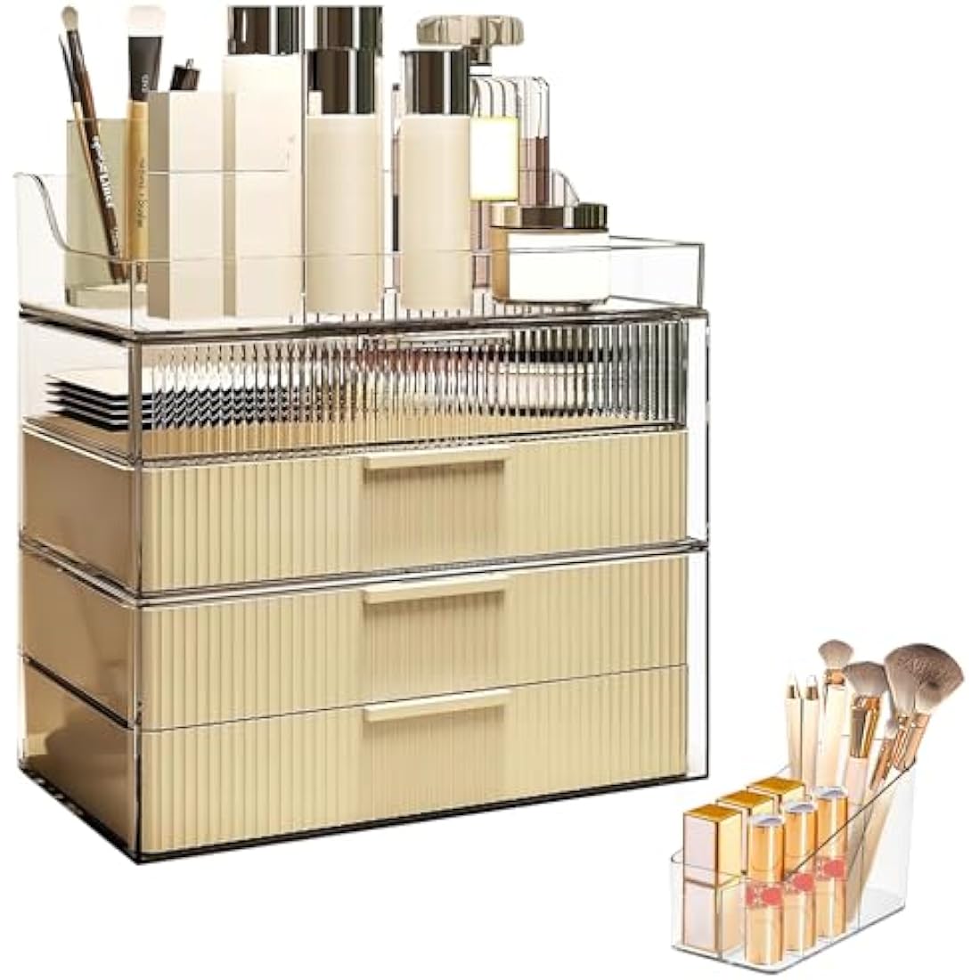 DASITON Cream Dustproof Four layers Storage Box,Makeup Brush Holder,Large Capacity Desktop Storage Box with Drawer,for Beauty Products,Perfume,Jewelry,Nail Polish