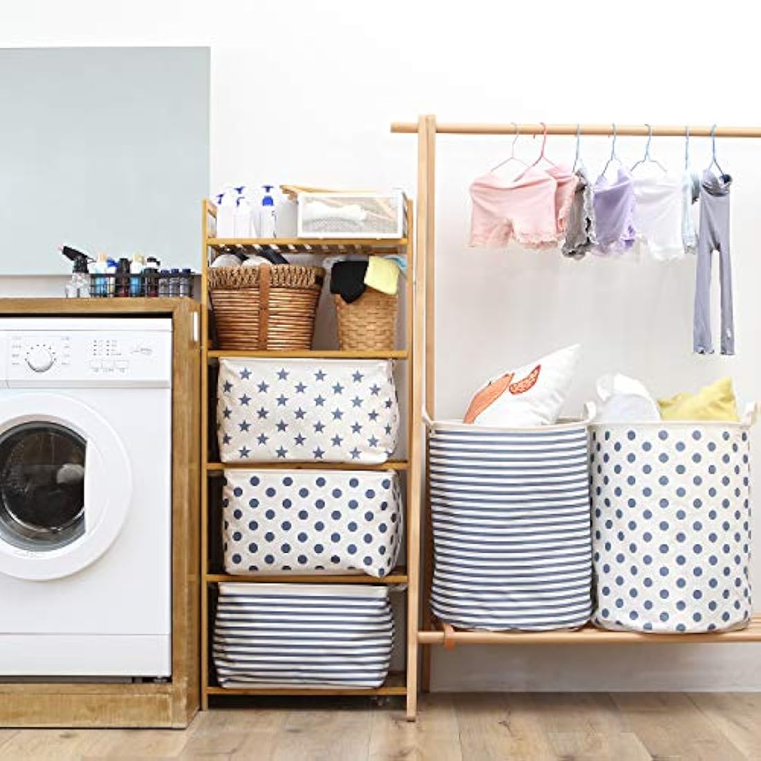 Sea Team 19.7 Inch Large Sized Waterproof Coating Ramie Cotton Fabric Folding Laundry Hamper Bucket Cylindric Burlap Canvas Storage Basket with Stylish Blue Stripe Design