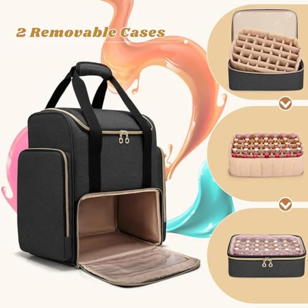 Luxja Nail Polish Organiser Backpack Holds 70 Bottles and a Nail Lamp, Nail Polish Bag with 2 Removable Cases and Tools Storage Pockets (Patented), Black