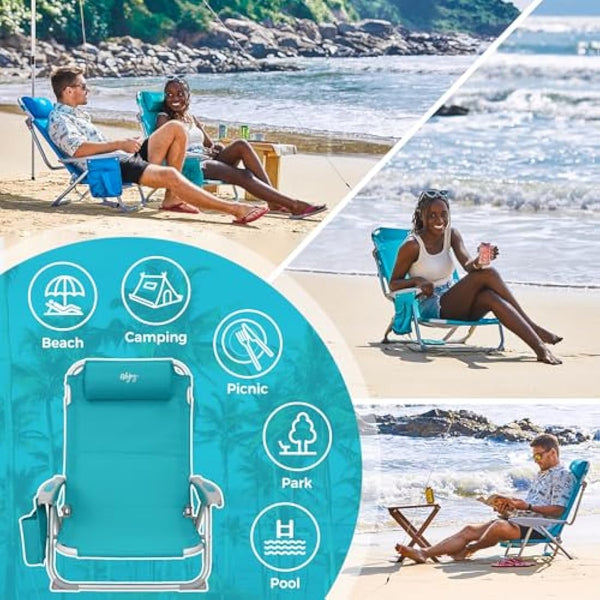 #WEJOY 4-Position Adjustable Beach Chair for Adults, Folding Low Camping Chairs Aluminum Lightweight & Portable, High Back Pillow Pocket Outdoor Reclining Garden Chair