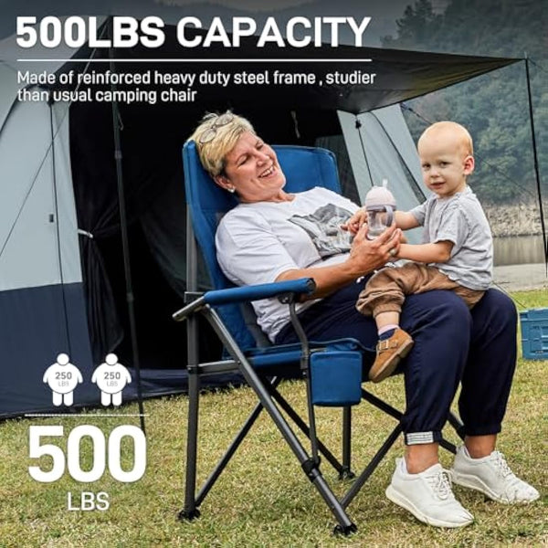 EVER ADVANCED Camping Chair for Adults Oversized 230KG, Folding Chair for Heavy People with Side Pocket, Heavy Duty Extra Wide Garden with Hard Armrest Foldable Fishing Outdoor Blue