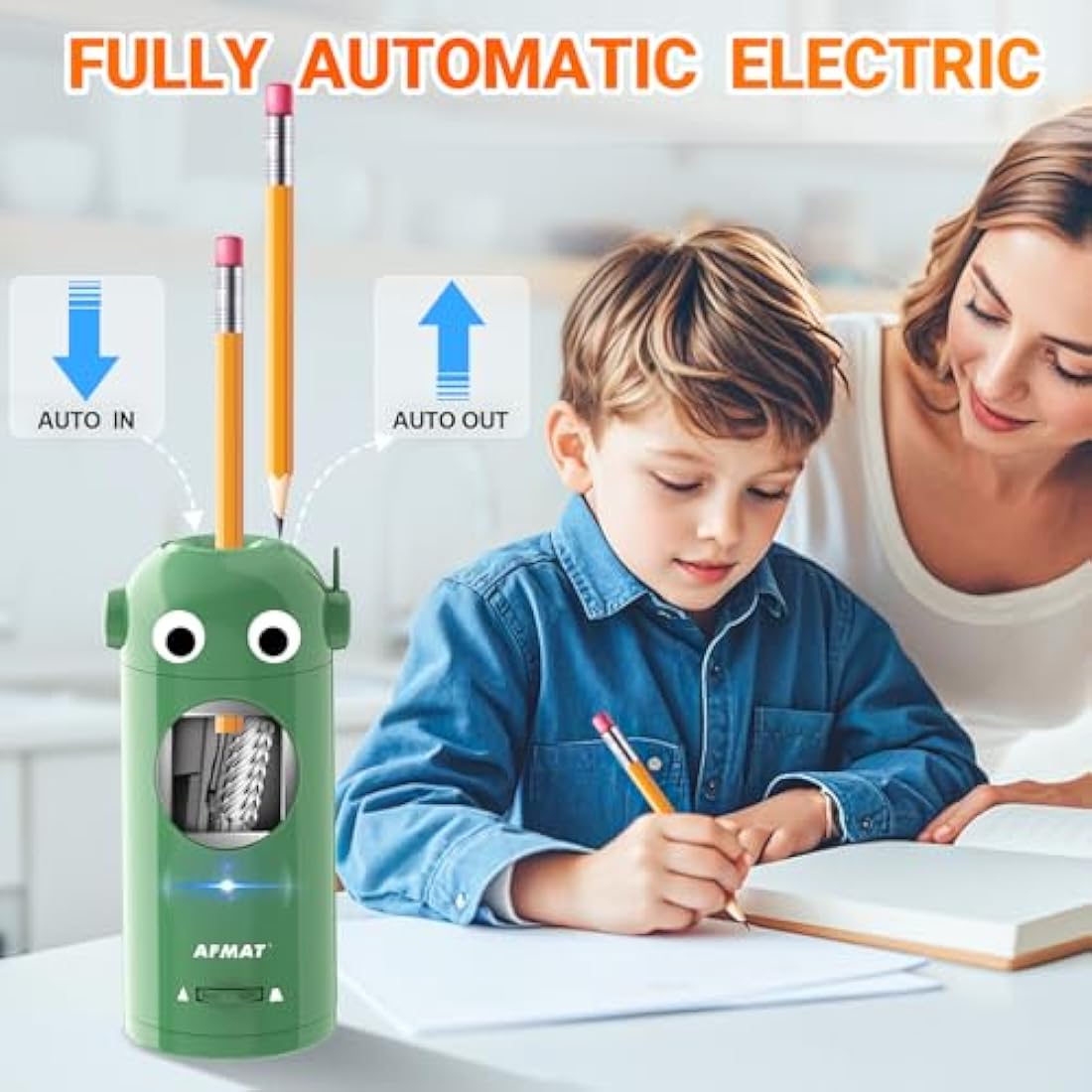AFMAT Electric Pencil Sharpener for Colored Pencils 7-11.5mm, Auto in&Out, Robot Fully Automatic Rechargeable Pencil Sharpener with Container, for Large Pencils,Home,Classroom, Battery Operated,Green