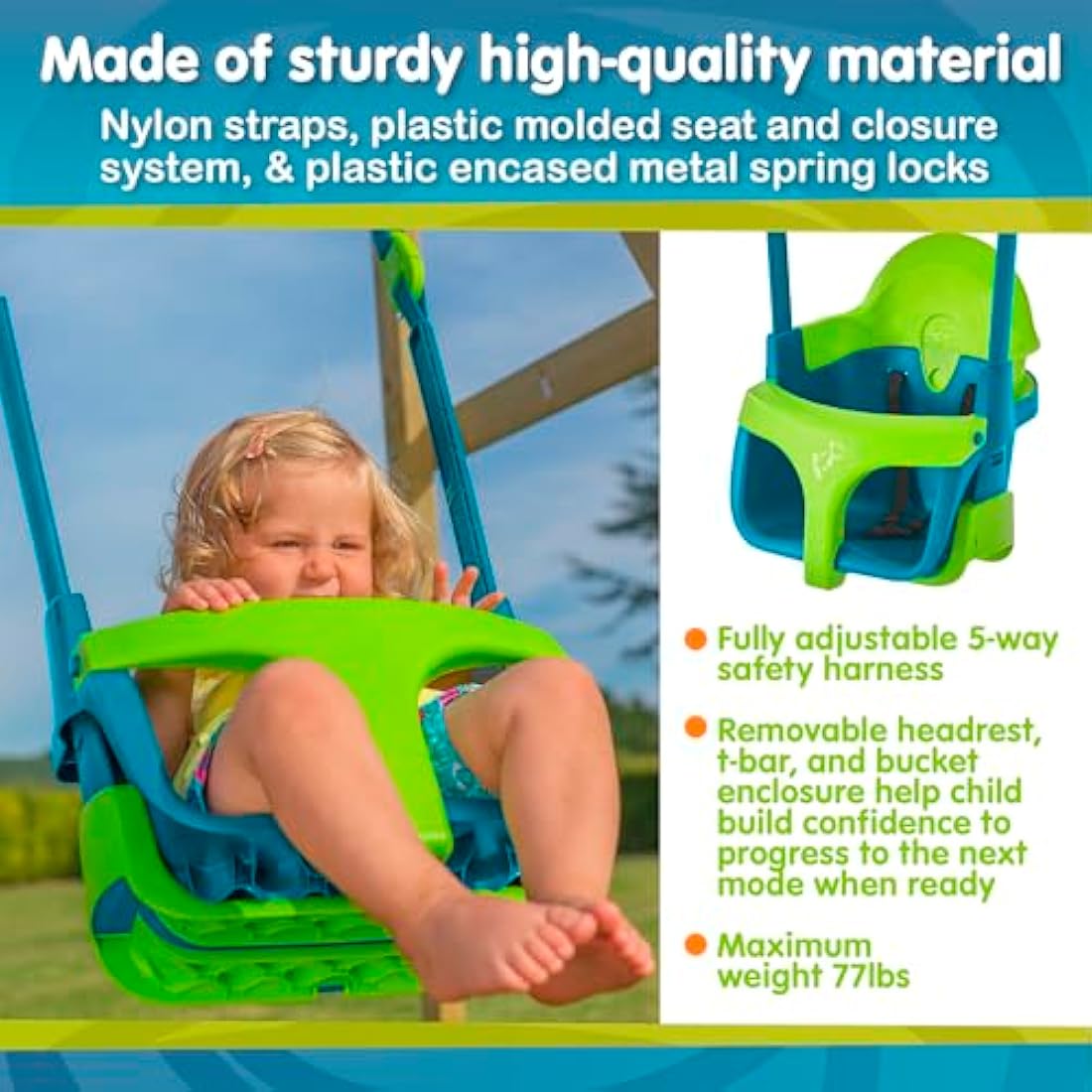 TP Toys Quadpod 4-in-1 Growable Swing Seat Green, Outdoor Playground Baby Swing Seat with Adjustable Ropes and Safety Strap, Toddler Swing for Gardens and Playgrounds, Kids 6 months - 8 years One Size