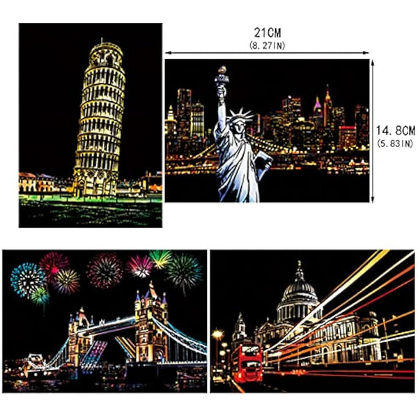 Heyu-Lotus 8pcs Scratch Art Paper Rainbow Painting Sketch City Series Night Art Craft Scratch Scratchboard for Adult and Kids with 5 Tools