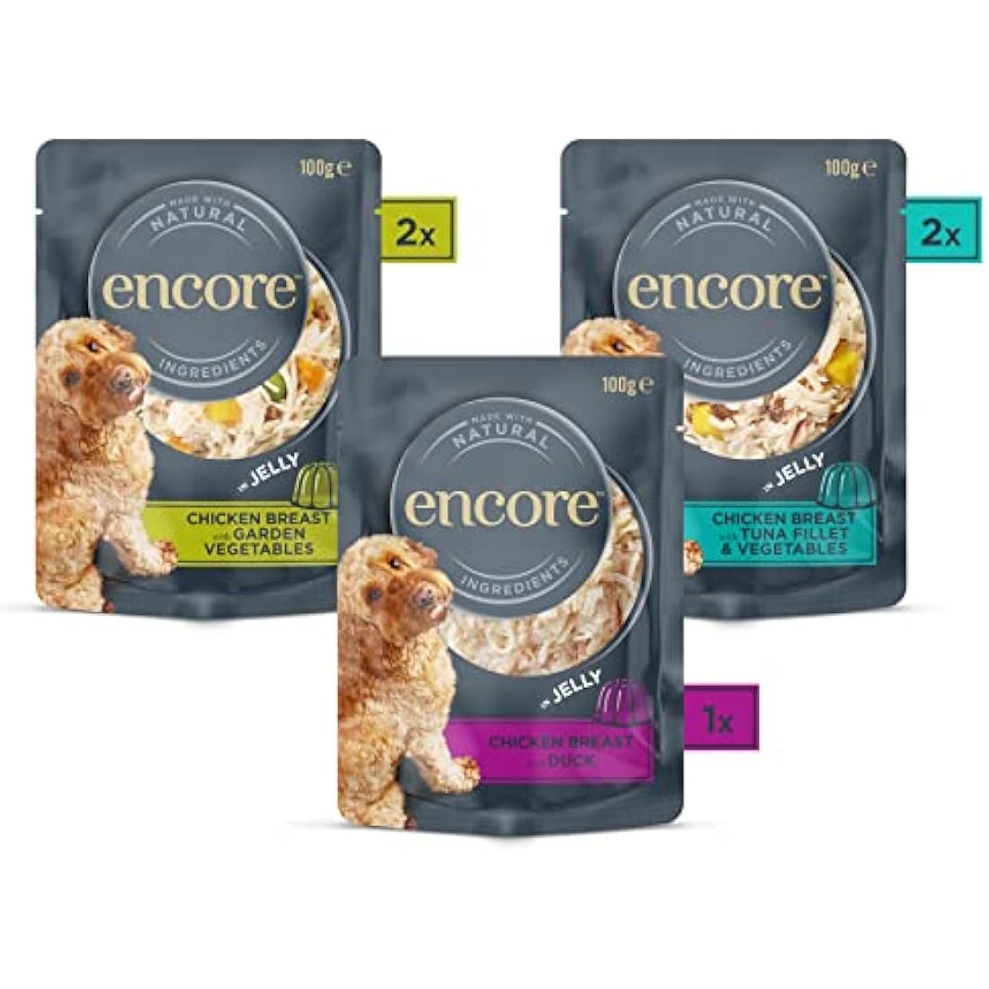 Encore Natural Wet Dog Food Pouches Finest Chicken Selection in Jelly, 5x100g Pouches