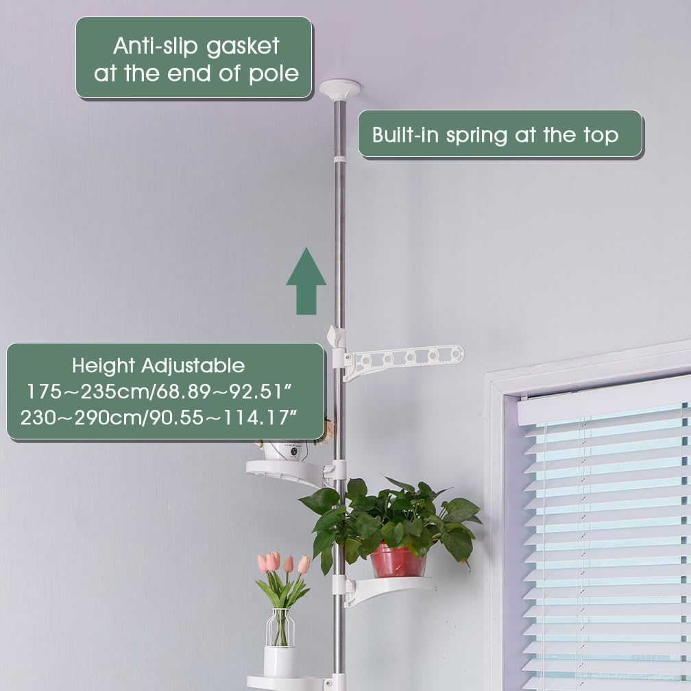 Hershii 5-Layer Indoor Plant Pole Spring Tension Rod Corner Flower Display Rack Adjustable Plant Pot Stand Holder Telescopic Floor to Ceiling Shelf