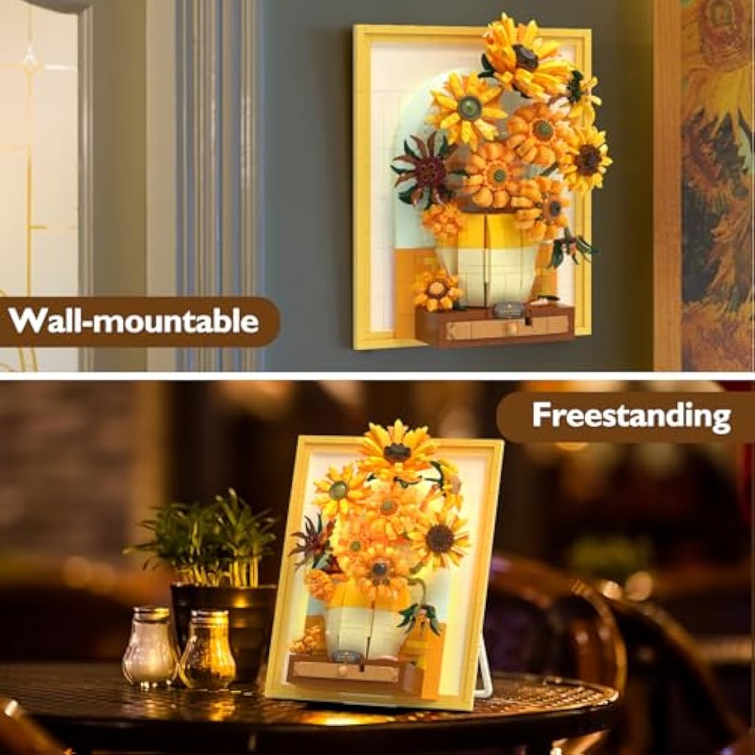 JMBricklayer Sunflower Art Building Toy with Light, 70004 Van Gogh Painting Wall Art Desktop Home Office Room Decor, Sunflower Picture Frame Gift for Men Women Him Her (1166PCS)