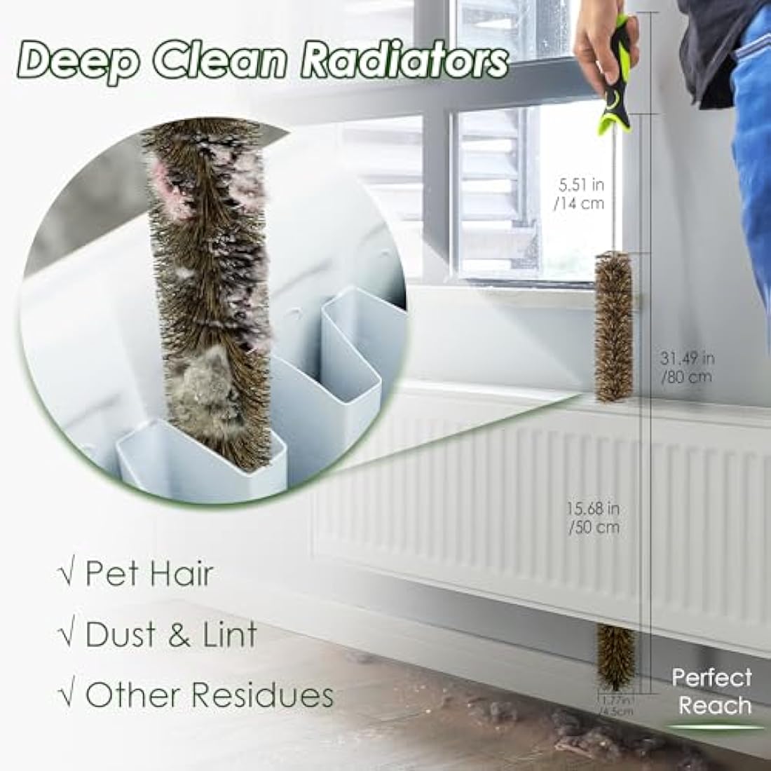Radiator Cleaner Brush Thin Long 81cm Boar Bristles, Radiator Duster Brush Long Thin Bendable Flexible with Easy Grip Handle, Radiator Brushes for Cleaning Dust Inside Vanes and Backside