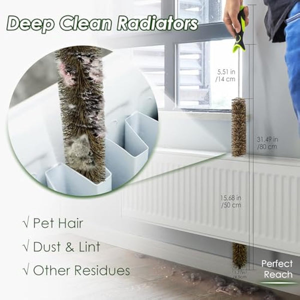 Radiator Cleaner Brush Thin Long 81cm Boar Bristles, Radiator Duster Brush Long Thin Bendable Flexible with Easy Grip Handle, Radiator Brushes for Cleaning Dust Inside Vanes and Backside