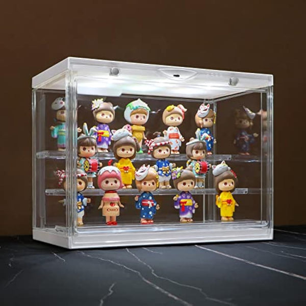 Clear Acrylic Display Case for Figures with Light,3-Tiered Display Stand Organizer Case Dustproof Showcase for Action Figures Mini Toys or Collectibles (Wood, 3-Tier 11.8"x6.7"x9"inch)