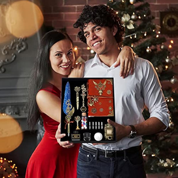 MPRINCE Quill Pen Ink Set Leather notebook With Quill Pen,Notebook,5 Replaceable Nibs,Seal Stamp,Spoon,Wax Beads,White Wax,Ink,Pen Holder,Cup,Envelope,Letter Paper(blue)