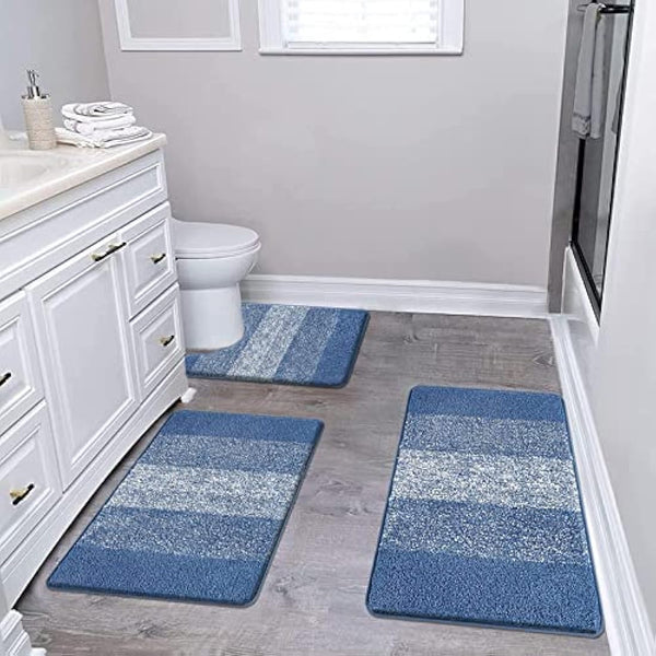 Enyhom Microfiber 3 Piece Bath Mat Sets Non Slip Bath Rugs and Pedestal Mats for Bathroom Washable Absorbent Bathroom Floor Carpet Rug Toilet Rug, Blue