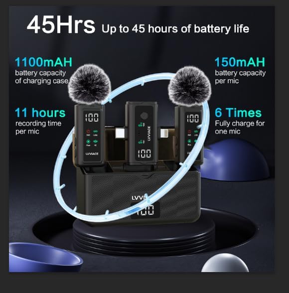 LVVIACE 3 in 1 Wireless Microphone for iPhone, Android, Camera, USB-C Microphone, Wireless Lavalier Mic, Noise Cancellation with 45 Hours Transmitter Digital Display Charging Case for Video Rec