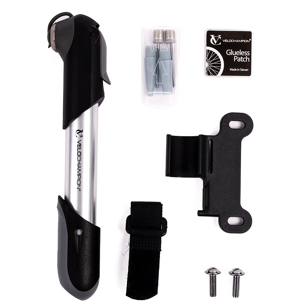 VeloChampion Mini Bicycle Pump with Frame Mount. Portable Alloy Pump For Presta, Schrader and Dunlop Valves. Suitable for All Bikes - Road, Mountain & BMX
