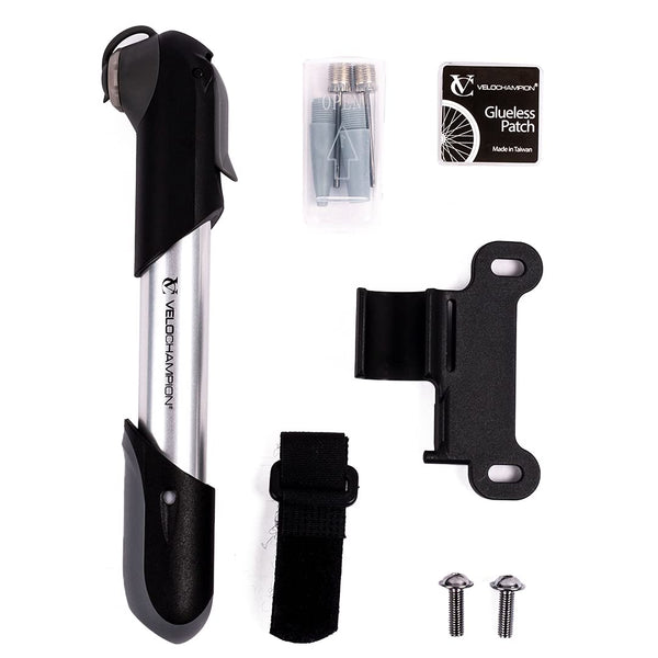 VeloChampion Mini Bicycle Pump with Frame Mount. Portable Alloy Pump For Presta, Schrader and Dunlop Valves. Suitable for All Bikes - Road, Mountain & BMX