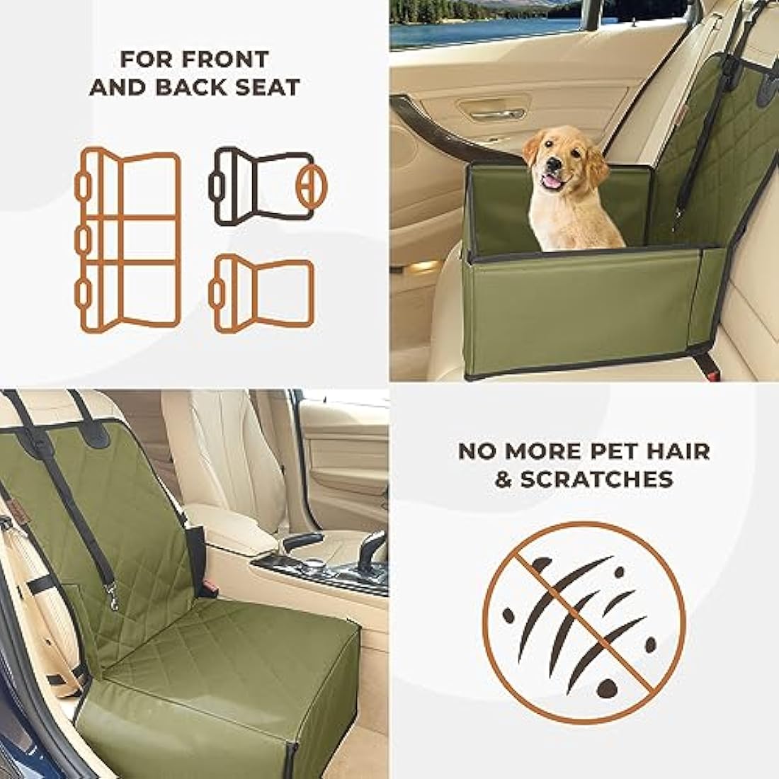 Wuglo Extra Stable Dog Car Seat - Robust or Puppy for Small to Medium-Sized Dogs Reinforced Walls and 3 Belts Waterproof Pet Back Front (Khaki) (ST-1-BG)