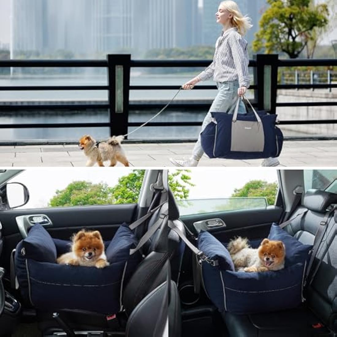 Lesure Dog Car Seat for Medium Dog - Waterproof Dog Booster Seat for Car with Storage Pockets, Clip-On Safety Leash and Memory Foam Filling, Small Pets Travel Carrier Bed, 58x56x33cm, Mood Indigo