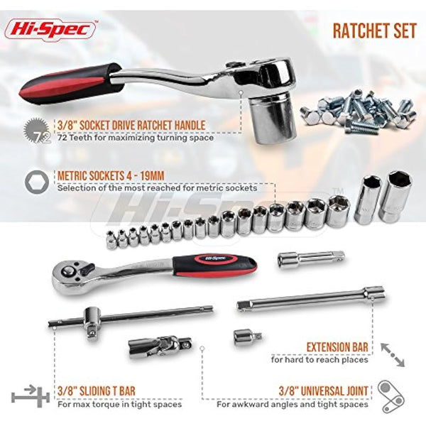 Hi-Spec 67pc Car Repair & Motor Mechanics Vehicle Tool Kit Set for Home Garage and Roadside DIY. Auto Tools in a Compact Toolbox Case of Pliers, Ratchet Wrench and Sockets