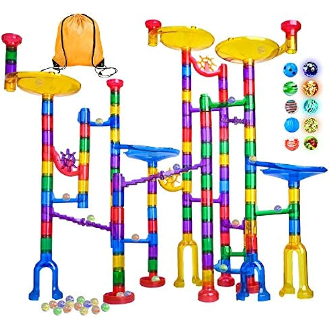 LOYO Glowing Marble Run, 132pcs Marble Run Toy STEM Educational Learning Toy Gift for Boys Girls 4 5 6 7 8 + Year Old (102 Translucent Marbulous Pcs & 30 Glass Marbles)
