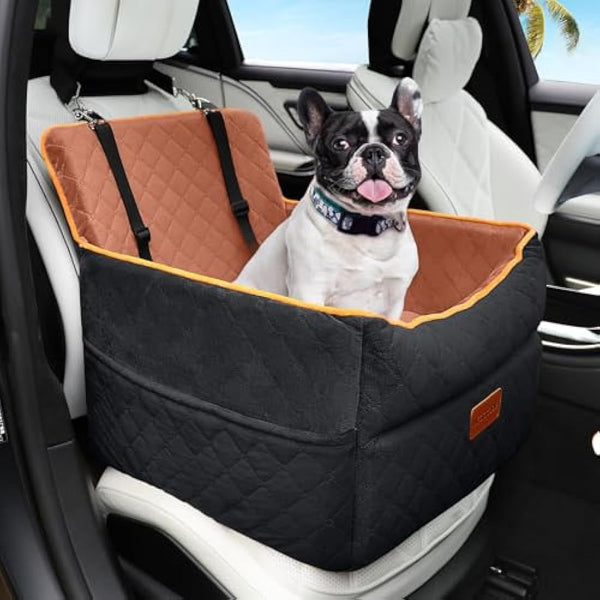 HEGGCOOE Small Dog Car Seat, Memory Foam Dog Booster Seats with Thick Cushion for Medium Dogs Under 35lbs, Detachable Washable Pet Car Seat with Storage Pockets,2 Safety Belts-Black/Z
