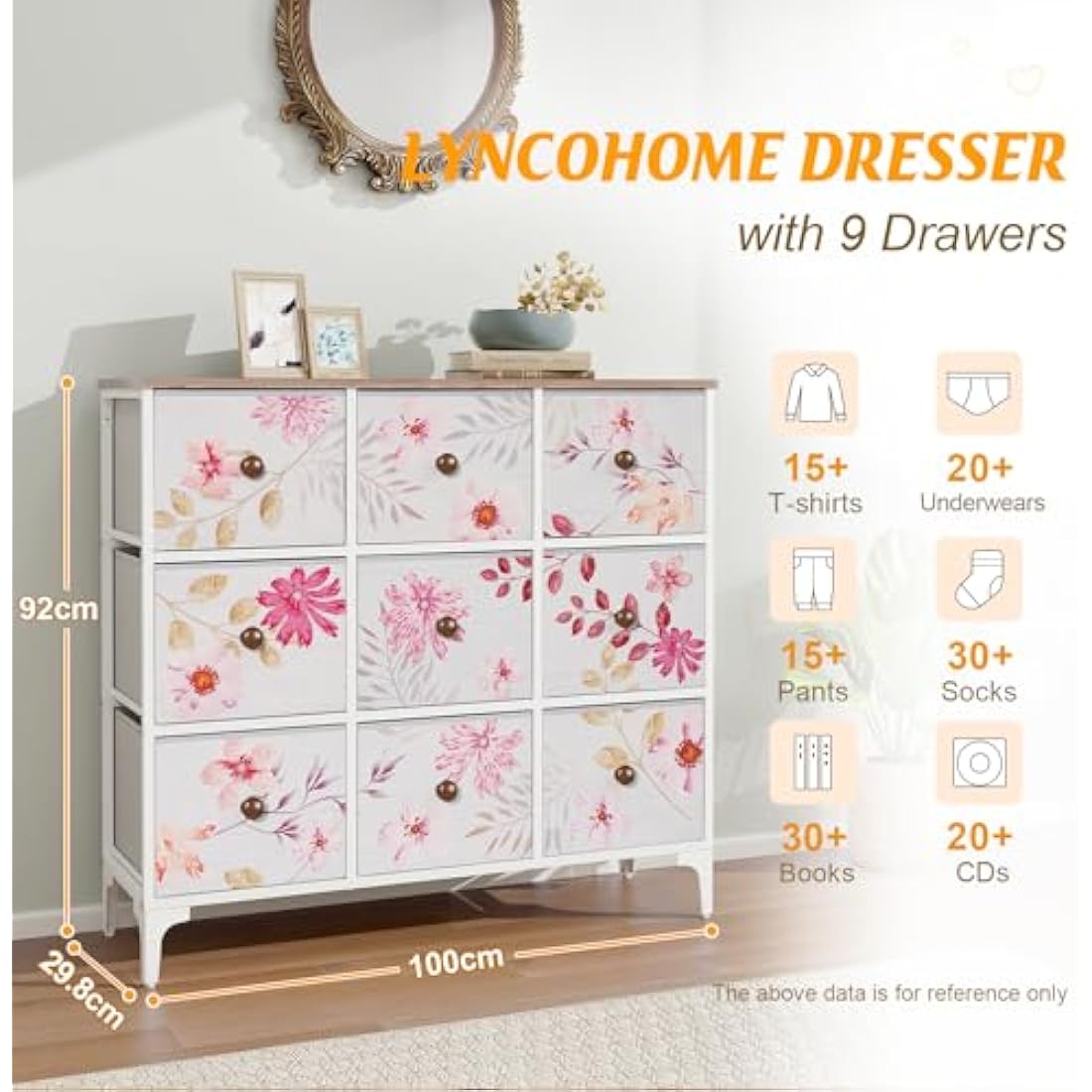 LYNCOHOME Chest of Drawers, Pink Bedroom Furniture with 9 Fabric Drawers, Storage Unit with Metal Frame and Wooden Top for Bedroom Living room, Nursery, Closet