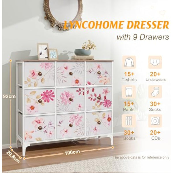 LYNCOHOME Chest of Drawers, Pink Bedroom Furniture with 9 Fabric Drawers, Storage Unit with Metal Frame and Wooden Top for Bedroom Living room, Nursery, Closet