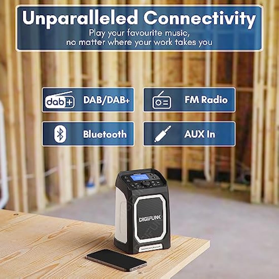 DigiFunk Work Site Radio | USB Rechargeable | DAB+, DAB, FM, Bluetooth, AUX Input | IP65 Waterproof Rugged Durable Design | Perfect for Builders, Outdoors, Warehouse, Garage, DIYer, Shed