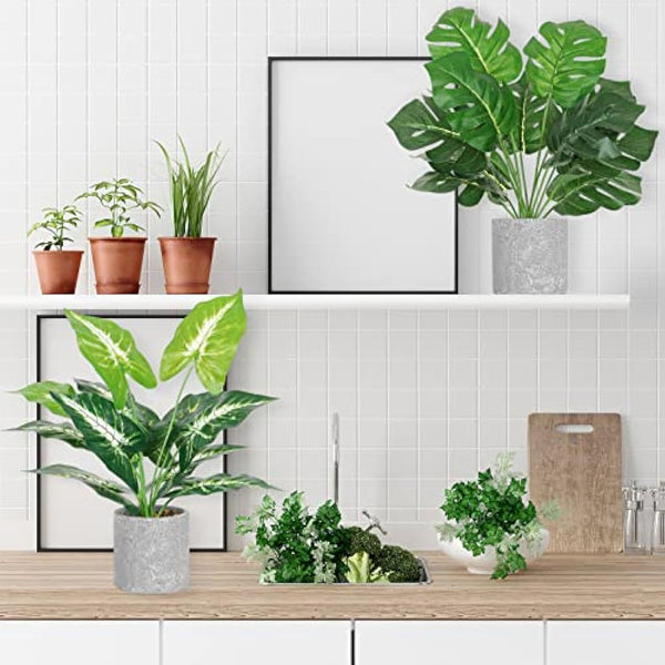 Dremisland 2pcs Fake Plants Artificial Monstera Plants in Pot 16" Tall Artificial Potted Plant with Grey Pot Faux Foliage Greenery Plant for Office Desk Shelf Table Bathroom Bedroom Indoor Décor