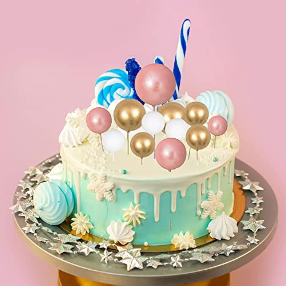 Gyufise 30Pcs Balls Cake Topper Mini Balloons Cake Toppers Foam Ball Cake Decorations Balloon Cake Topper Ball Shaped Cake Insert Topper for Birthday Party Baby Shower Decor Rose Gold White Gold