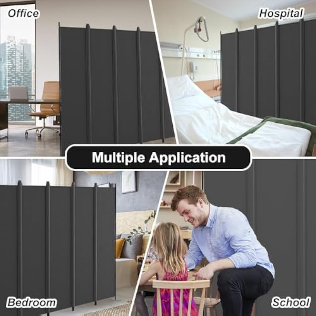 Kokorona 6 Panel Room Divider, 6FT Tall Folding Privacy Screen Wall Dividers, Portable Privacy Screen Freestanding Room Divider for Room Separation, Included-Cover Strips, Dark Grey, W 305 x H 183 cm