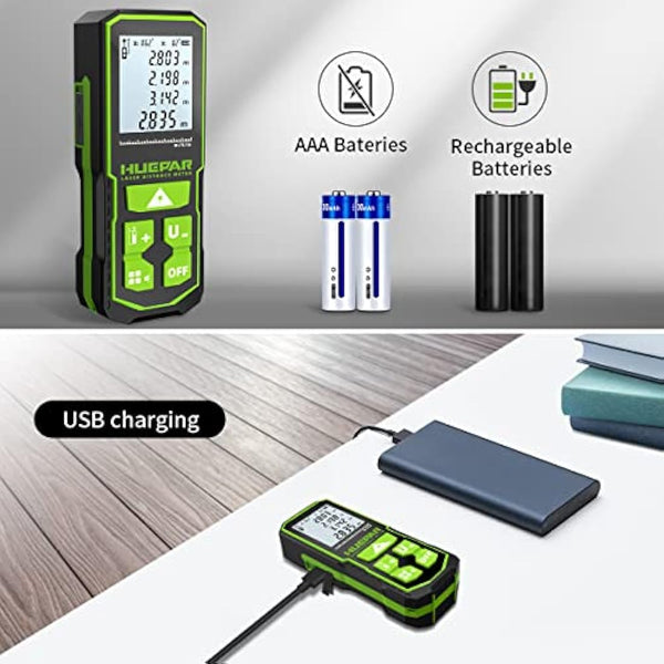 Laser Measure Device, Huepar 60M-120M Laser Distance Meter Digital Measure Tool Range Finder with Bubble Level and Large LCD Backlit and Waterproof IP54, Battery Included