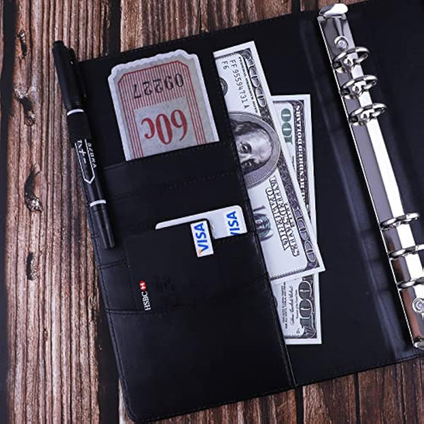 HAUTOCO PU Leather A5 Ring Binder Cover Refillable 6 Ring Budget Binder Notebook Organiser for A5 Refill Paper Insert for Office, School, and Travel, Black