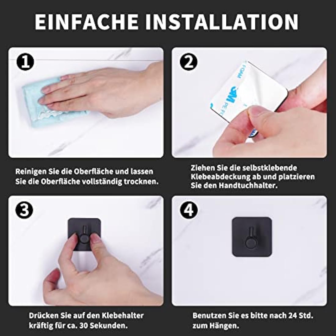 JS Self Adhesive Hooks - Stick on Hooks Holder for Tea Towel, Robe, Coat, Kitchen, Bathrooms - Stainless Steel, Waterproof, Rustproof - Black 6pack