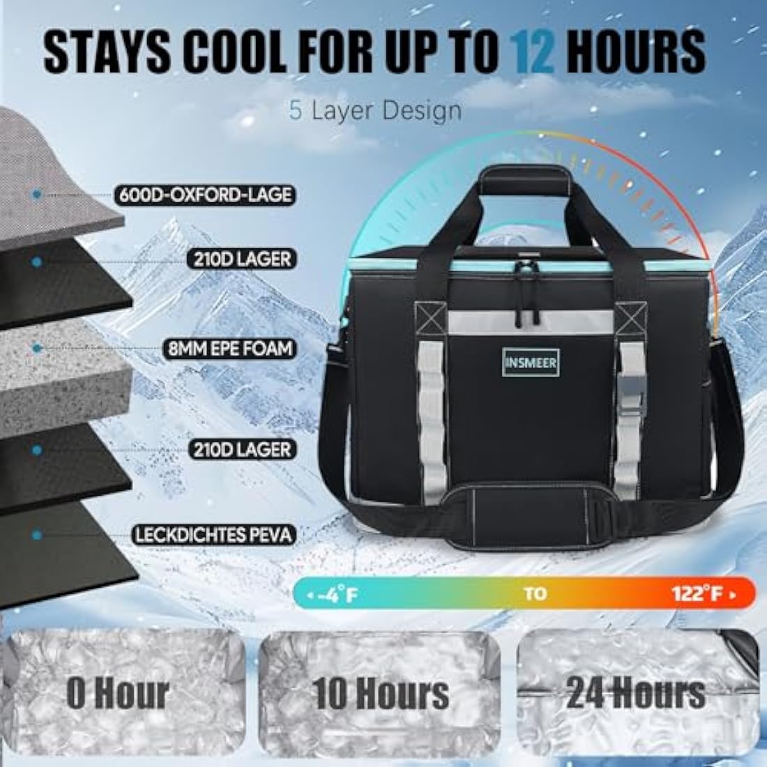 INSMEER 48L Large Cool Bag with Easy Top Access Opening, 65 Cans Foldable Cooler Bag, XXL Waterproof Cool Bag, Insulated Bag for Camping, Picnic, Beach, Hiking, Family Outdoor Activities, Festival