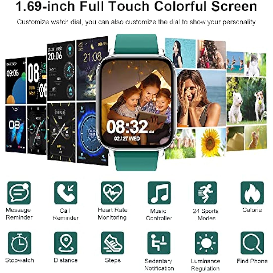 Smart Watch, Fitness Tracker 1.69" Touch Screen Heart Rate Sleep Monitor, IP68 Waterproof Fitness Watch, 24 Modes, Pedometer Step Activity Trackers Smartwatch for Men Women for Android iOS Cyan