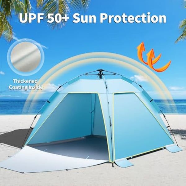 3-4 Person Instant Pop Up Automatic Beach Tent, Extra Large Portable Ventilated Sun Shelter with 3 expandable Door, Easy Setup Lightweight Sun Shade for Picnic,Beach,Garden