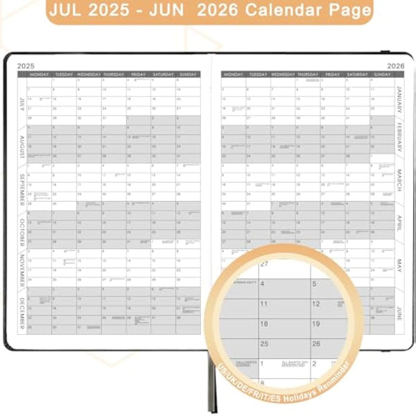 Acadmeic Diary 2025-2026 - A5 Diary 2025-2026 Day Per Page, July 2025 to June 2026, Productivity A5 Daily Planner, with Monthly Tabs, Inner Pocket, Black, Banded, 14.5 X 21 cm