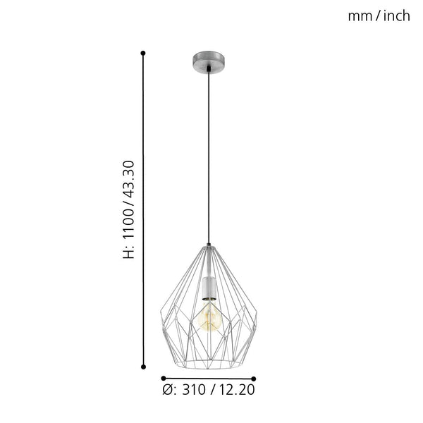 Eglo Pendant Lamp Carlton, 1 Bulb Vintage Pendant Light, Retro Hanging Lamp Made of Steel, Colour: Silver, Socket: E27