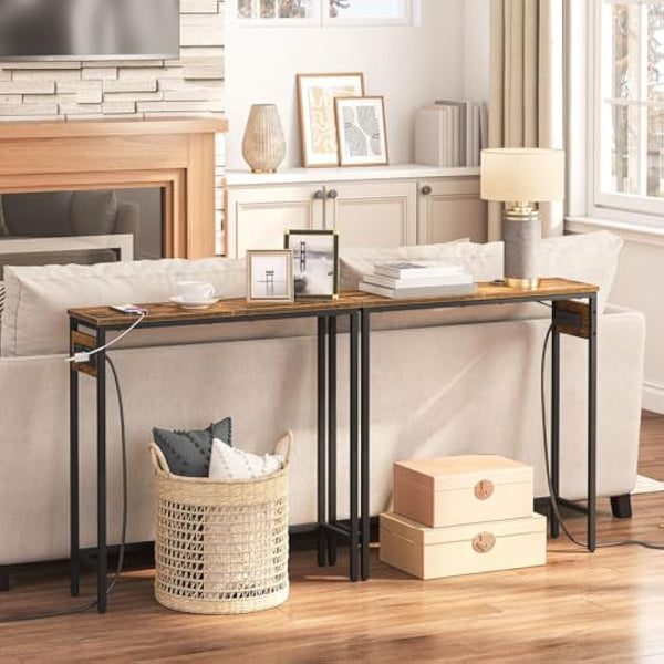 HOOBRO Console Table with Power Outlets, Slim Console Table with Charging Station, Hallway Table, Narrow Sofa Table for Small Space, Hallway, Entryway, Living Room, Rustic Brown and Black EBF75KXG01G1