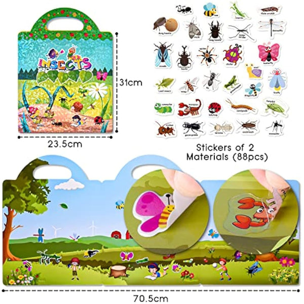 ASTARON Reusable 3D Puffy Sticker Book for Kids 3-6, Cute Waterproof Insects Stickers 88 Pcs,Puffy Sticker Game Travel Stickers and Educational Sensory Learning Toy Busy Book
