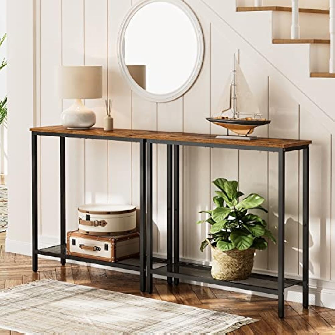 HOOBRO Slim Console Table with Storage, Narrow Console Table for Hallway, Industrial Hallway Table, Slim Sofa Table for Living Room, Bedroom, Rustic Brown and Black EBF74XG01