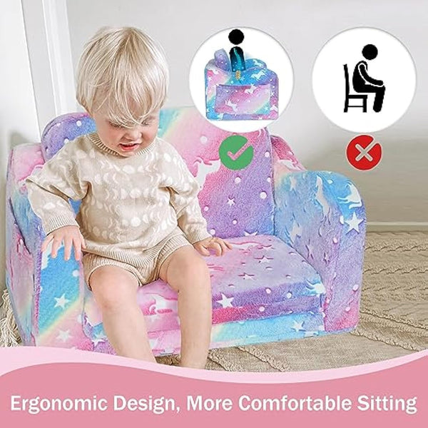 MeMoreCool Folding Kids Sofa Bed, Toddler Sofa Chair, Soft Plush Fold Out Kids Couch Glow in The Dark, Comfy Baby Recliner for Girls & Boys, Glowing Unicorn