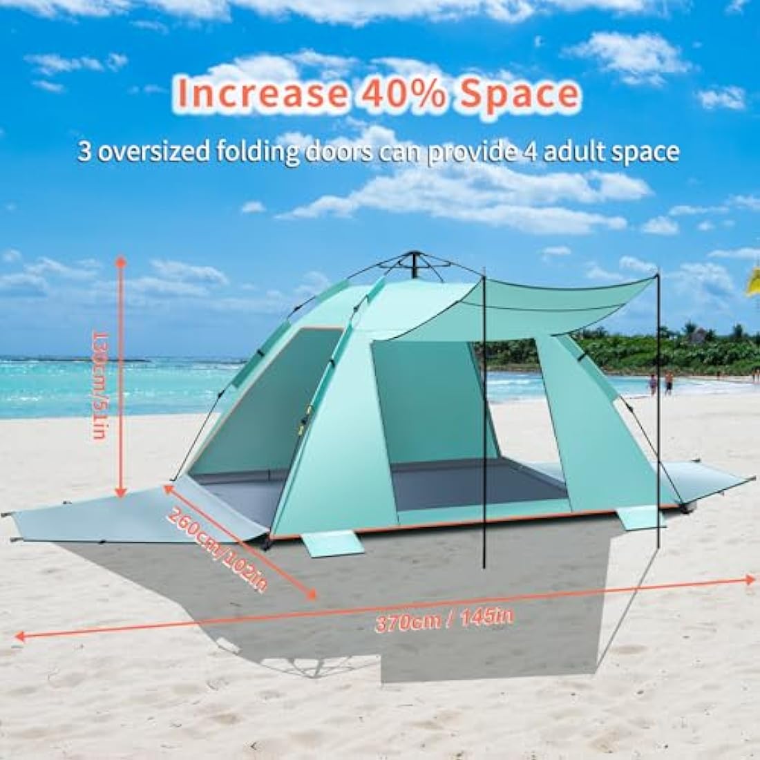 4-5 Person Instant Pop Up Automatic Beach Tent, Extra Large Portable Ventilated Automatic Beach Sun Shelter Tent, UPF 50+ Easy Setup Beach Tent for Picnic,Beach,Garden