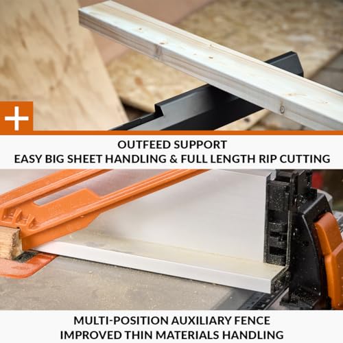 Evolution Power Tools R255TBLX+ Table Saw With Stand (Next Gen Rage 5-S) Multi-Material Cutting Blade Included Cuts Wood Metal Plastic, 45˚ Bevel, +/- 60˚ Mitre Angle, 85mm Cut Depth, 1800w Motor 240v