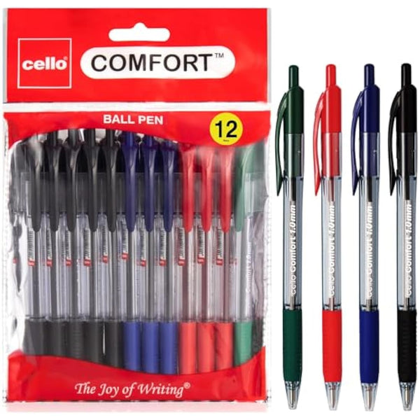 Cello Assorted Coloured Ballpoint Pens - Premium Retractable Biro Pens with Ergonomic Grip, Medium Point 1.0mm, Pack of 12 - Ideal for Office, School & Home Writing Multicolour pens